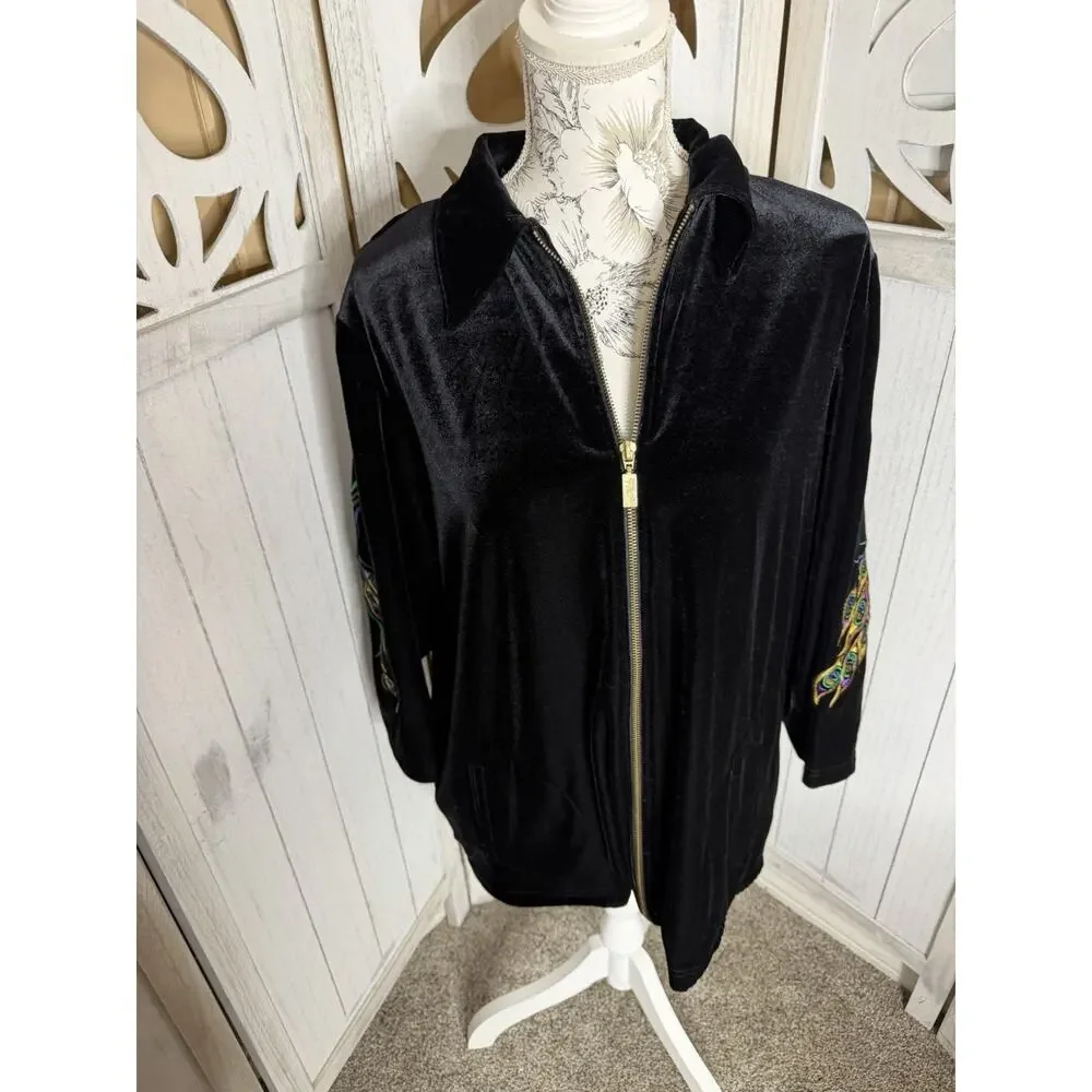 Bob Mackie Peacock Embroidered Wearable Art Velvet Full Zip Jacket Womens 1X